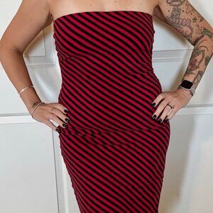 Betsey Johnson Red/Black Striped Jersey Tube Dress, Y2K, Size Large (8-10)